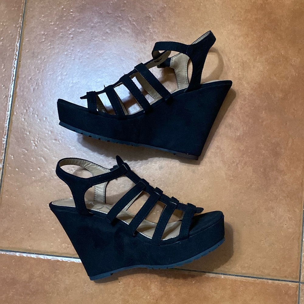 Sugar Black Strappy Wedge Heels